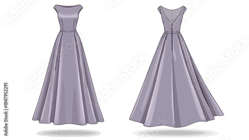 Elegant Full-Length Gown Presented Front and Back with Delicate Detailing on a White Background