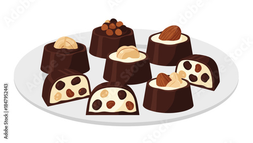 Delicious chocolate candies with various nut toppings are arranged on a silver plate, offering a tempting sweet treat for any occasion.