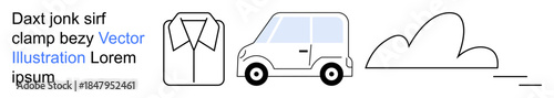 Digital design, transportation, clothing, minimalism, branding, motion. A shirt, compact car and cloud with motion lines. Transportation and branding concept