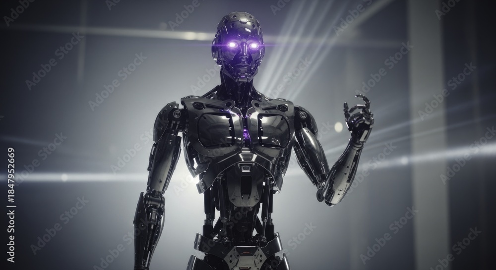 Fototapeta premium Futuristic Cybernetic Humanoid Robot with Glowing Purple Eyes in a High-Tech Sci-Fi Environment