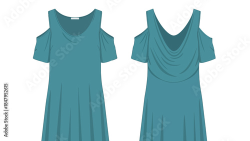 Elegant Teal Cold Shoulder Dress Flat Design Front and Back Views