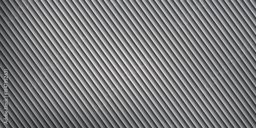 Patterned ribbed metal background with wall panel and white glass roof. Iron and plastic texture with zinc steel sheet and corrugated coating. 3D silver facade with frosted reed metal glowing effect.
