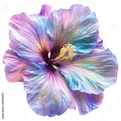 Detailed Close Up of Iridescent Hibiscus Flower in Shades of Pink Purple and Blue with Isolated Transparent Background