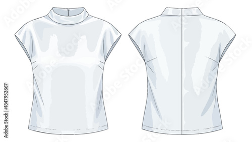 Fashion illustration of a simple white mock neck cap sleeve top from front and back views