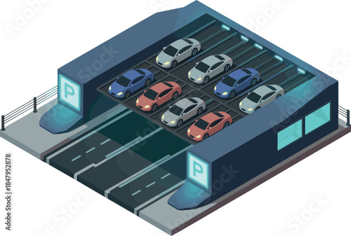 Isometric parking garage vector illustration — modern car parking lot with multiple vehicles and smart infrastructure