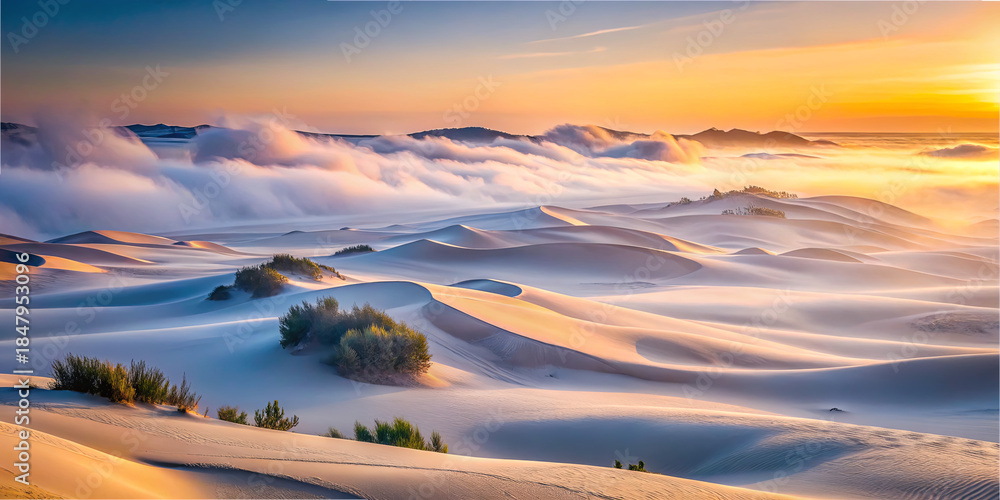 Fototapeta premium Waves of sand and clouds at sunrise in a desert landscape