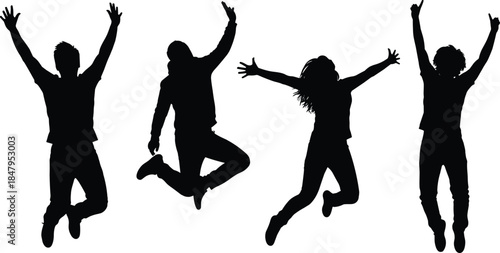 Energetic group silhouettes jumping in celebration, expressing joy, freedom, teamwork, positivity, youthful excitement, dynamic motion, happiness, unity, and active lifestyle
