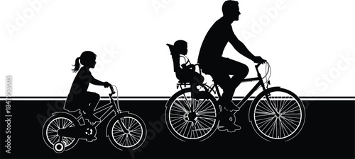 Family, bicycle, ride, silhouette, child, adult, training, wheels, black, white, outdoor, exercise, bonding, parent, road, path, helmet, movement, illustration, vector