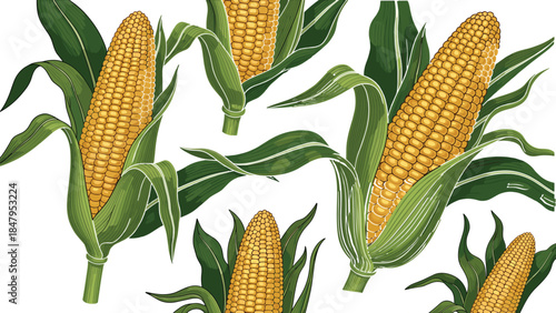 Fresh corn cobs with green husks detailed botanical illustration showing vibrant kernels and leaves in seamless pattern for food design
