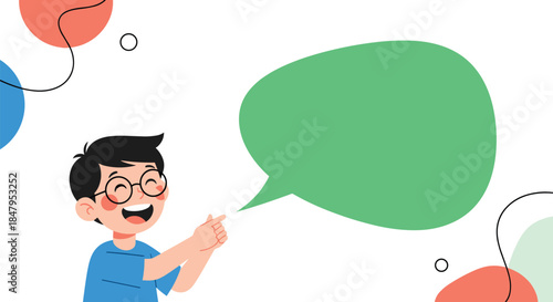 Happy young boy with glasses smiles and points to a large green speech bubble ready for your text or message to be added.