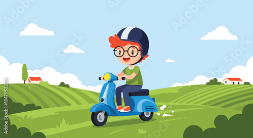 Cheerful boy with glasses and a helmet has fun riding his blue motor scooter through a beautiful green countryside landscape.