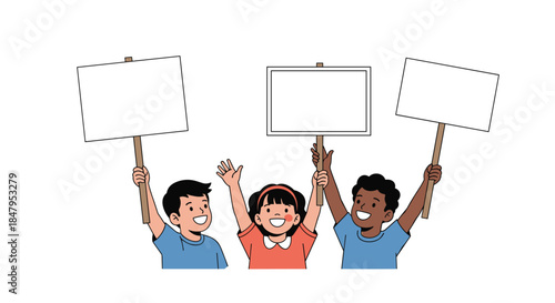 Three happy and diverse children standing together while holding up blank white signs with space for your custom message.