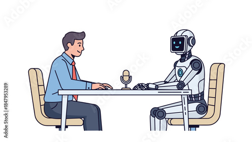 A professional conducts an interview with a friendly humanoid robot across a table, utilizing a microphone for clear communication.