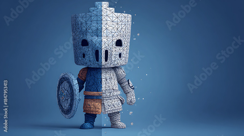 Stylized knight holding shield geometric mesh image