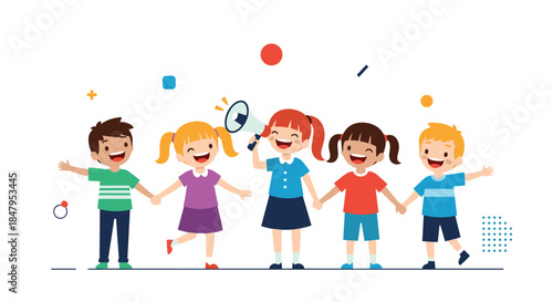 Group of happy children hold hands while a young girl in the center makes an announcement with a loud megaphone speaker.