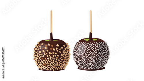 Delicious chocolate covered apples with nuts and sprinkles are presented on wooden sticks, offering a sweet and tempting treat.