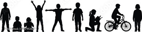 Set of black silhouettes featuring children in various poses including standing, sitting, playing, and riding a bicycle isolated on white background