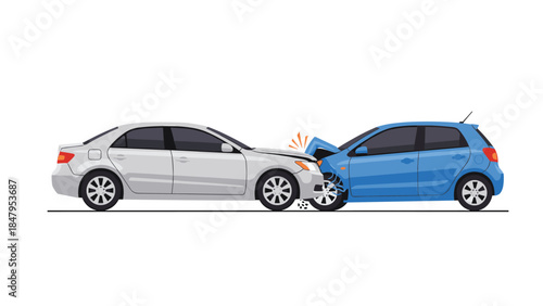 Two vehicles, a silver sedan and a blue hatchback, are shown after a collision with visible damage to both front ends.