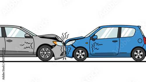 Two vehicles collide head-on resulting in significant damage to both front ends, illustrating a serious traffic accident.