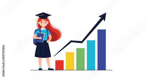 Successful female student in a graduation cap stands proudly next to a colorful bar graph showing her academic growth and success.