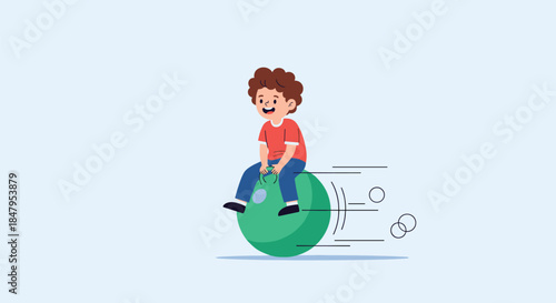 Happy little boy has a great time playing and bouncing around on a large green inflatable space hopper ball with motion lines.