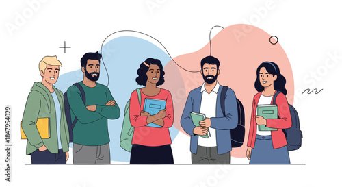 A diverse group of five happy university students stand together with their books and backpacks ready for their next class.