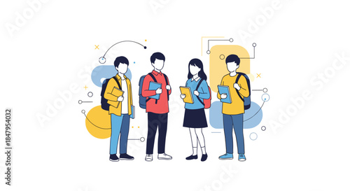 Four anonymous students with backpacks and books stand together as a group in a modern stylized illustration about education.