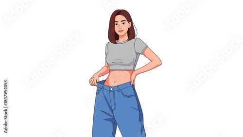 Young woman thoughtfully adjusts oversized denim jeans, showcasing a casual and relatable fashion moment with a crop top.