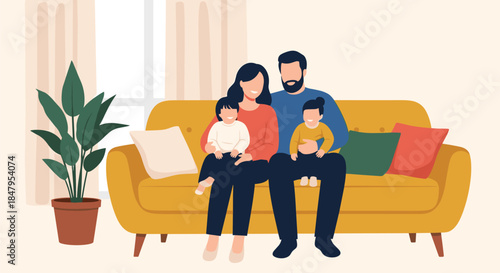 Happy young family with a mother father son and daughter all sitting together and smiling on a yellow sofa in the living room.