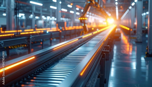 Wallpaper Mural Futuristic conveyor belt system with glowing lights in a factory setti Torontodigital.ca