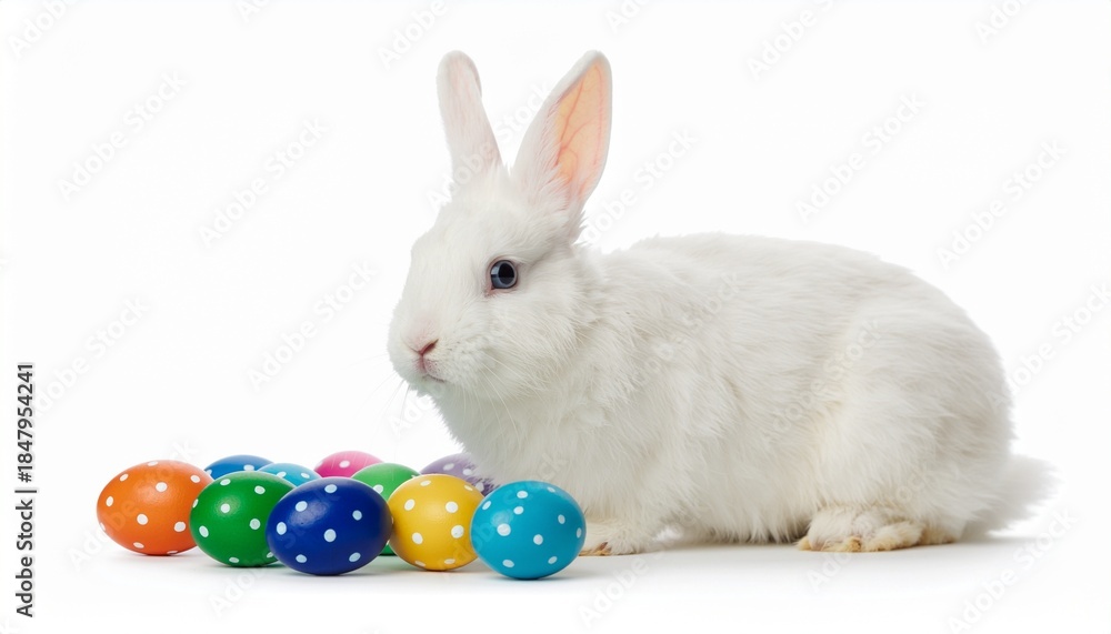 Naklejka premium Cute bunny with polka dot colorful easter egg for spring and easter day on isolated white background