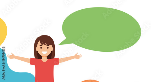 Happy and welcoming young girl with her arms wide open stands next to a large green speech bubble ready for your message.