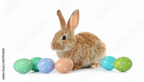 Cute bunny with polka dot colorful easter egg for spring and easter day on isolated white background