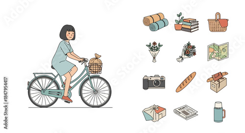 Woman Riding Bicycle with Shopping Basket.