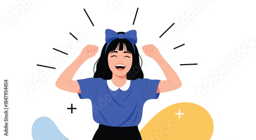 Overjoyed young girl with a blue bow in her hair celebrates a victory by cheering with excitement and raised clenched fists.