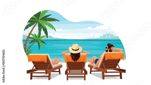 Relaxing beach vacation with three people lounging in chairs overlooking a tropical ocean and distant cityscape.