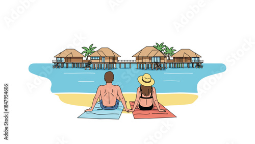 Couple enjoying a tranquil beach vacation with overwater bungalows in the background, creating a serene and idyllic tropical escape.