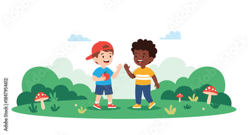 Two friendly diverse boys a white boy with an apple and a black boy waving meet and greet in a green park.