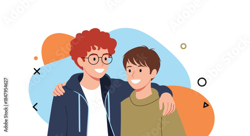 Two friendly teenage boys one with red curly hair and glasses puts his arm around his friend in a gesture of support.