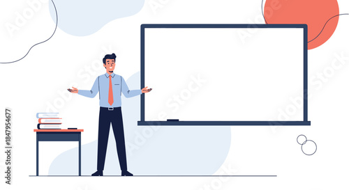 Male teacher in a suit stands next to a large blank whiteboard ready to give a presentation or a lesson in a classroom.