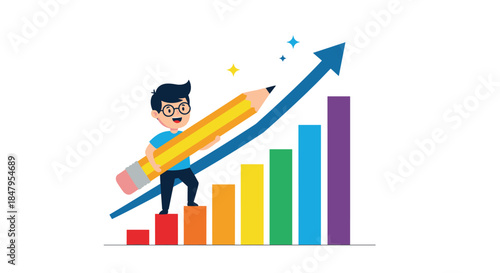 Happy student holds a giant pencil and climbs a colorful bar chart that has an arrow pointing up symbolizing growth and success.