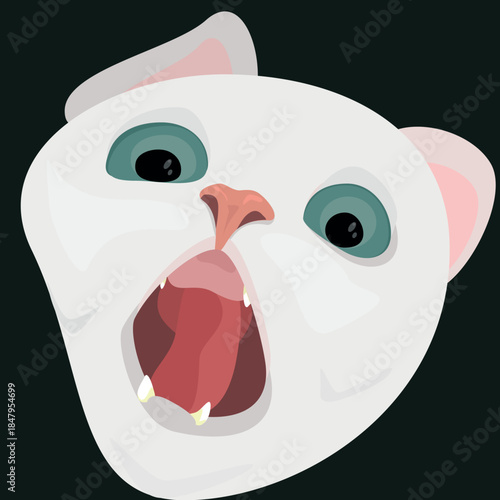 Funny white cat with a surprised expression and open mouth. Humorous cartoon animal illustration with exaggerated emotions.