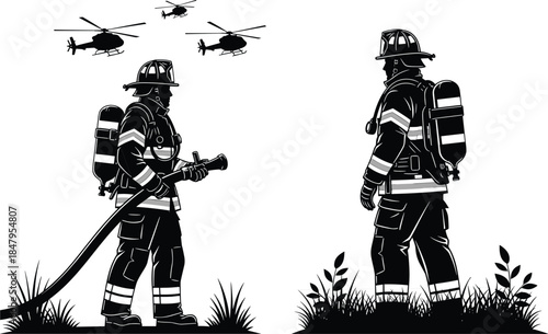 Firefighters silhouette, emergency response, fire hose, helicopter rescue, protective gear, black and white art, vector illustration, outdoor scene, safety team