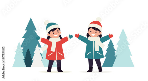 Two happy girls in matching winter coats and hats stand with open arms in a snowy landscape with pine trees.