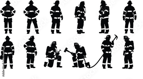 Firefighter silhouettes, emergency responders, black icons, protective gear, fire hose, rescue team, helmeted figures, action poses, vector illustration, white background