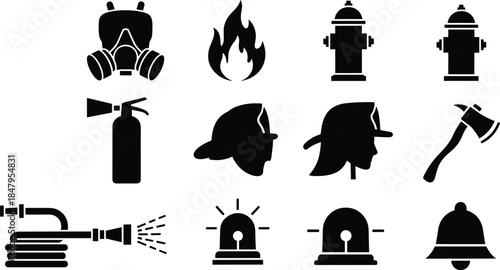 Firefighting equipment silhouette icons featuring gas mask, fire hydrant, extinguisher, firefighter helmet, axe, hose, alarm siren, and emergency bell symbols