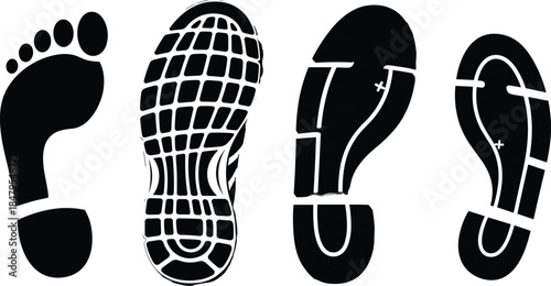Footprint and shoe sole prints silhouette collection featuring barefoot imprint, sneaker tread pattern, and boot sole design for graphic artwork