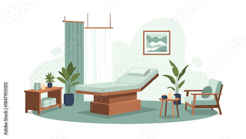 Serene spa interior features a massage table, comfortable chair, and lush plants creating a relaxing and peaceful atmosphere.