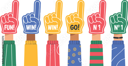 Fans fingers banner. Fan foam finger, competition support team. Sport, soccer or football symbols. Gloves on human hands, decent vector background