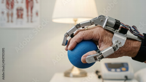 Robotic prosthetic hand gripping blue ball, showcasing advanced technology in medical setting. background includes lamp and medical chart, emphasizing innovation in healthcare